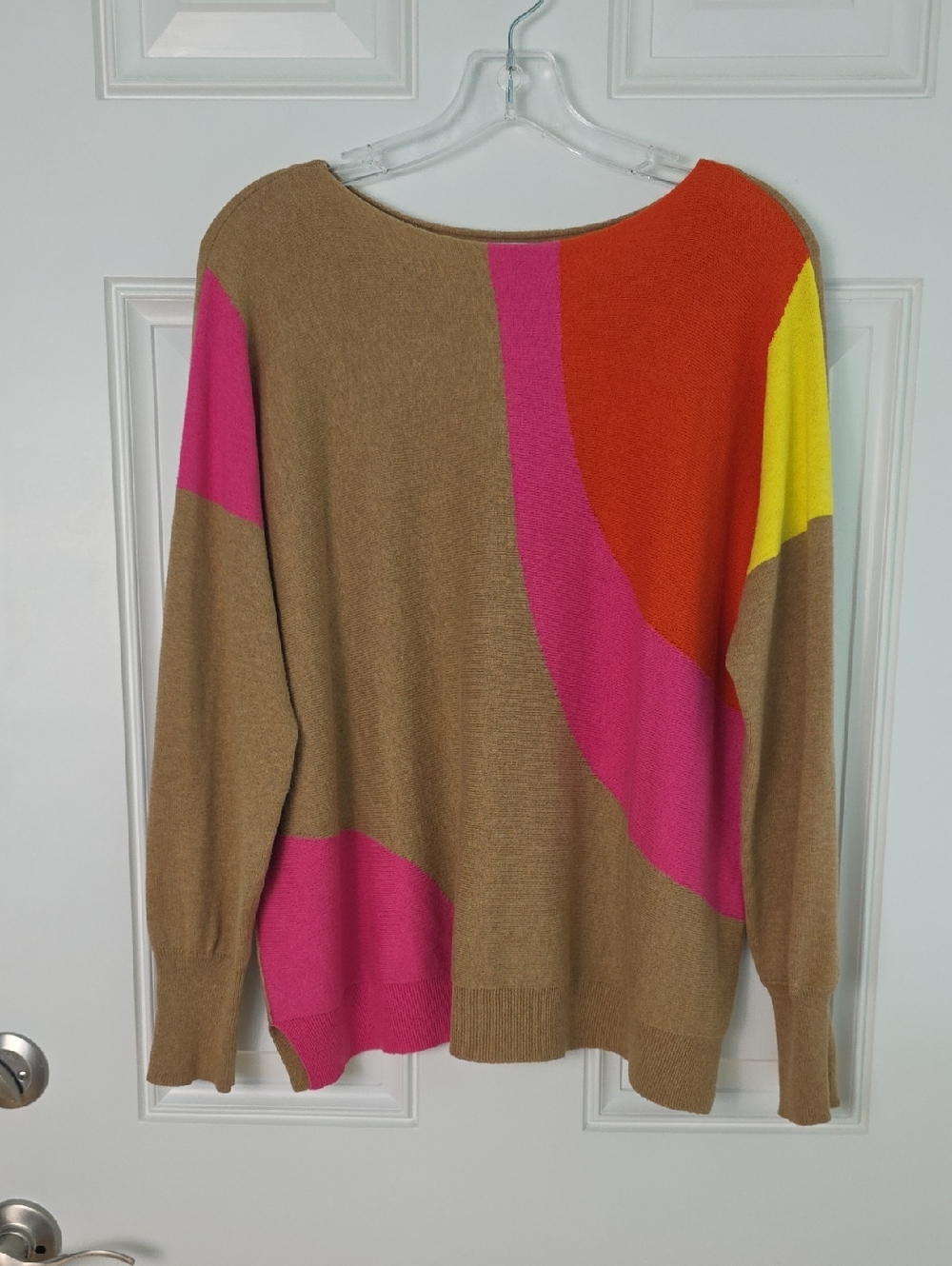 Colorblock Camel Crewneck Sweater with Pink, Orange, Yellow Accents.  Size Small